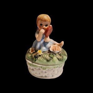 Vintage Collectible Girl  Mirror on Grass Basket Trinket Box Ceramic Figurine
